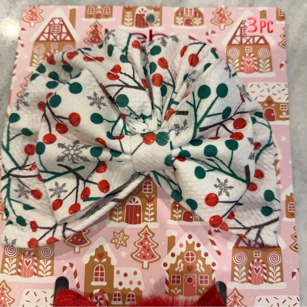 Baby Girl Festive‎ Christmas Hats with Bows & Pom Pom Headband Set of 3